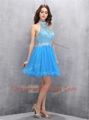 Exceptional Blue A-line Beading Prom Party Dress Zipper Tulle Sleeveless Mini Length