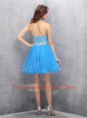 Exceptional Blue A-line Beading Prom Party Dress Zipper Tulle Sleeveless Mini Length