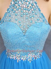 Exceptional Blue A-line Beading Prom Party Dress Zipper Tulle Sleeveless Mini Length