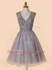 Sequins Knee Length Grey Prom Evening Gown V-neck Sleeveless Zipper