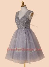 Sequins Knee Length Grey Prom Evening Gown V-neck Sleeveless Zipper