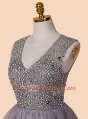 Sequins Knee Length Grey Prom Evening Gown V-neck Sleeveless Zipper
