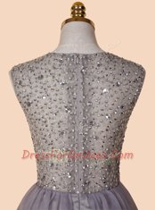 Sequins Knee Length Grey Prom Evening Gown V-neck Sleeveless Zipper