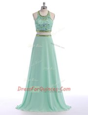 Flirting Scoop Sleeveless With Train Beading Criss Cross Evening Dress with Apple Green Sweep Train