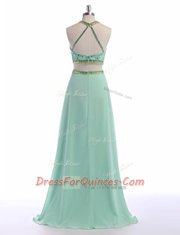 Flirting Scoop Sleeveless With Train Beading Criss Cross Evening Dress with Apple Green Sweep Train