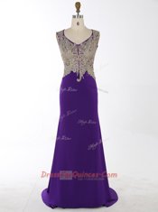 Mermaid Purple V-neck Neckline Beading and Appliques Evening Dress Sleeveless Zipper