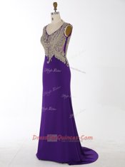 Mermaid Purple V-neck Neckline Beading and Appliques Evening Dress Sleeveless Zipper