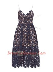 A-line Prom Gown Navy Blue Spaghetti Straps Lace Sleeveless Tea Length Zipper
