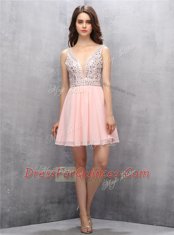 Stunning Sleeveless Chiffon Knee Length Zipper Prom Party Dress in Baby Pink with Beading