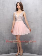 Stunning Sleeveless Chiffon Knee Length Zipper Prom Party Dress in Baby Pink with Beading