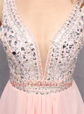 Stunning Sleeveless Chiffon Knee Length Zipper Prom Party Dress in Baby Pink with Beading
