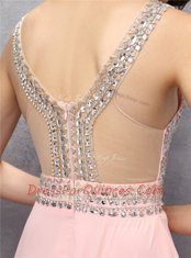 Stunning Sleeveless Chiffon Knee Length Zipper Prom Party Dress in Baby Pink with Beading