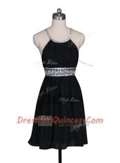 Halter Top Sleeveless Dress for Prom Mini Length Beading Black Chiffon