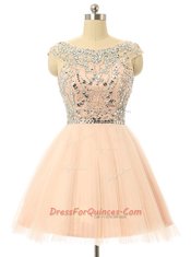 Customized Scoop Sleeveless Dress for Prom Knee Length Beading and Sequins Peach Tulle