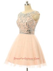 Customized Scoop Sleeveless Dress for Prom Knee Length Beading and Sequins Peach Tulle