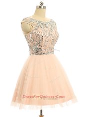 Customized Scoop Sleeveless Dress for Prom Knee Length Beading and Sequins Peach Tulle