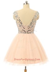 Customized Scoop Sleeveless Dress for Prom Knee Length Beading and Sequins Peach Tulle
