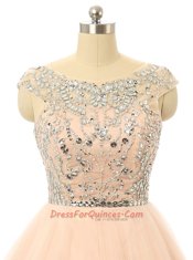 Customized Scoop Sleeveless Dress for Prom Knee Length Beading and Sequins Peach Tulle