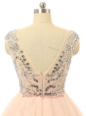Customized Scoop Sleeveless Dress for Prom Knee Length Beading and Sequins Peach Tulle
