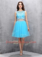 New Arrival A-line Prom Dress Blue Scoop Organza Sleeveless Knee Length Backless