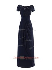 A-line Homecoming Dress Navy Blue Scoop Chiffon Short Sleeves Floor Length Zipper