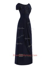 A-line Homecoming Dress Navy Blue Scoop Chiffon Short Sleeves Floor Length Zipper