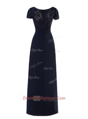 A-line Homecoming Dress Navy Blue Scoop Chiffon Short Sleeves Floor Length Zipper