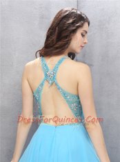 Scoop Sleeveless Criss Cross Knee Length Beading Prom Gown