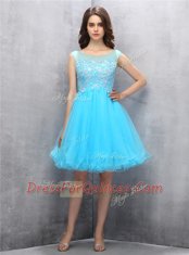 Scoop Blue Sleeveless Knee Length Beading and Appliques Zipper Evening Dress