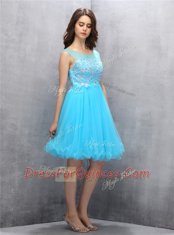 Scoop Blue Sleeveless Knee Length Beading and Appliques Zipper Evening Dress