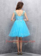 Scoop Blue Sleeveless Knee Length Beading and Appliques Zipper Evening Dress