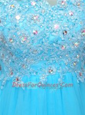 Scoop Blue Sleeveless Knee Length Beading and Appliques Zipper Evening Dress