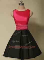 Excellent Satin Scoop Sleeveless Lace Up Beading Evening Dress in Red And Black