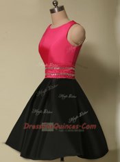 Excellent Satin Scoop Sleeveless Lace Up Beading Evening Dress in Red And Black