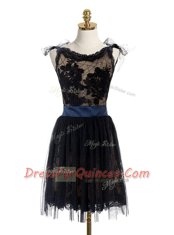 Black Lace Backless Scoop Sleeveless Mini Length Prom Evening Gown Lace and Belt