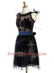 Black Lace Backless Scoop Sleeveless Mini Length Prom Evening Gown Lace and Belt
