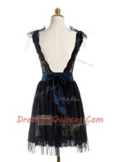 Black Lace Backless Scoop Sleeveless Mini Length Prom Evening Gown Lace and Belt