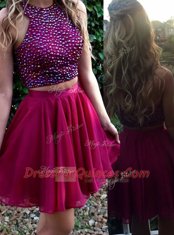 Scoop Fuchsia Sleeveless Mini Length Beading Zipper Prom Dress