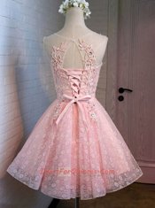 Customized Scoop Lace Pink Sleeveless Appliques Mini Length Prom Evening Gown