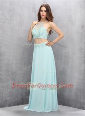 Halter Top Light Blue Sleeveless Chiffon Zipper Prom Dress for Prom