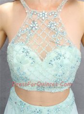 Halter Top Light Blue Sleeveless Chiffon Zipper Prom Dress for Prom