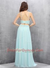 Halter Top Light Blue Sleeveless Chiffon Zipper Prom Dress for Prom
