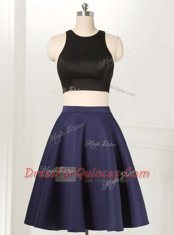 A-line Prom Evening Gown Navy Blue Scoop Satin and Elastic Woven Satin Sleeveless Knee Length Zipper