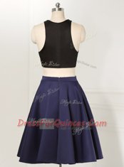 A-line Prom Evening Gown Navy Blue Scoop Satin and Elastic Woven Satin Sleeveless Knee Length Zipper