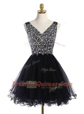 Chic Black Zipper V-neck Beading Evening Dress Tulle Sleeveless