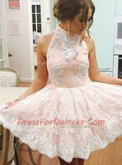 Champagne Sleeveless Lace Mini Length Prom Dresses