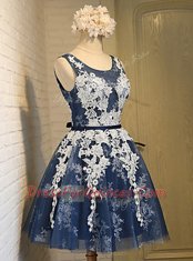 Scoop Sleeveless Lace Up Dress for Prom Navy Blue Organza