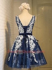 Scoop Sleeveless Lace Up Dress for Prom Navy Blue Organza