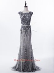 Deluxe Grey Mermaid Scoop Sleeveless Lace Brush Train Zipper Beading Evening Dress