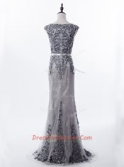 Deluxe Grey Mermaid Scoop Sleeveless Lace Brush Train Zipper Beading Evening Dress